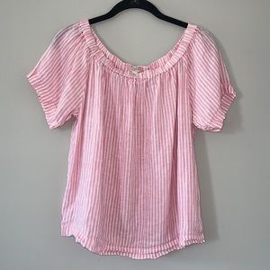 J Crew Factory Striped Linen Top Short Sleeves Pink White S